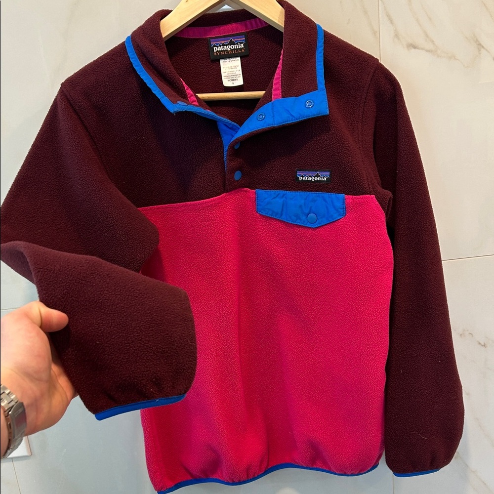 Patagonia Colorblock Fleece Pullover in Berry, Burgundy & Blue